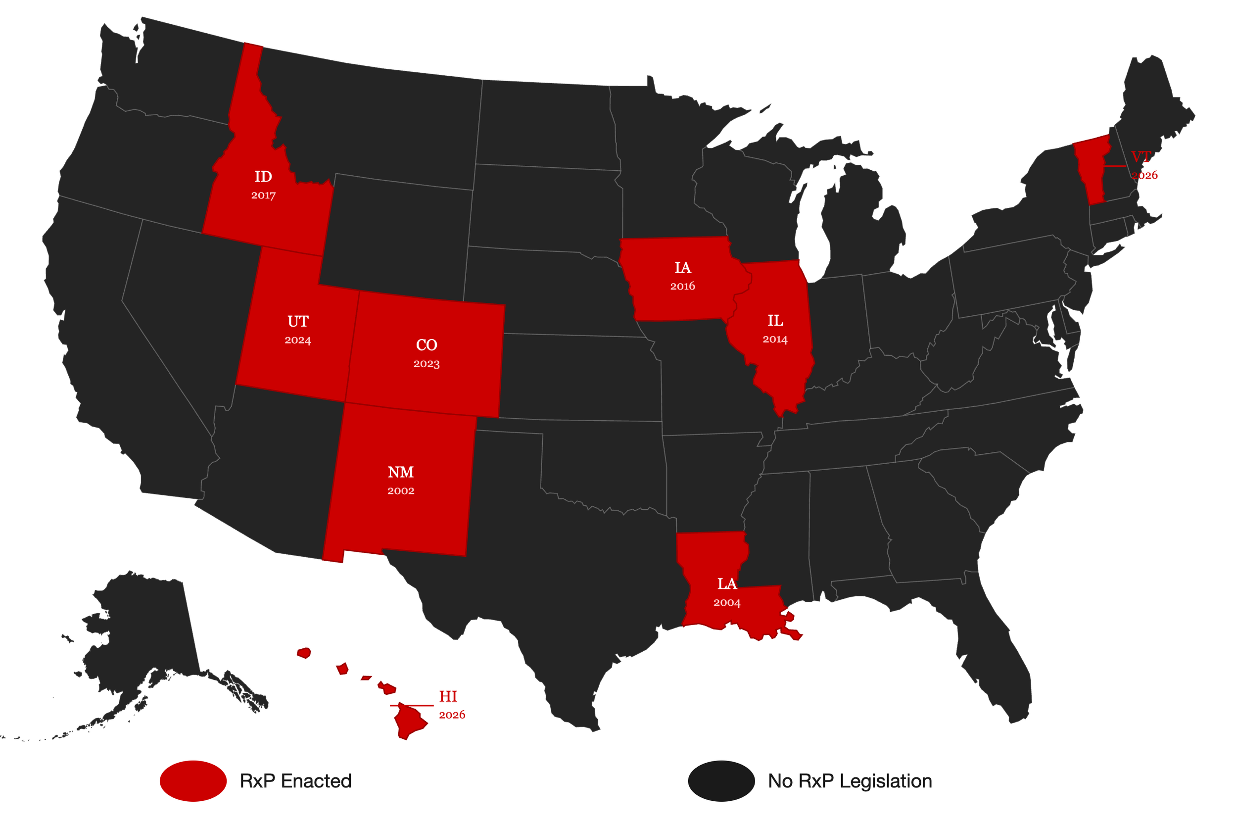 U.S. map of the eight states where psychologists have full prescriptive authority: New Mexico (2002), Louisiana (2004), Illinois (2014), Iowa (2016), Idaho (2017), Colorado (2023), Utah (2024), Vermont (2026), plus Hawaii's 2026 pilot.