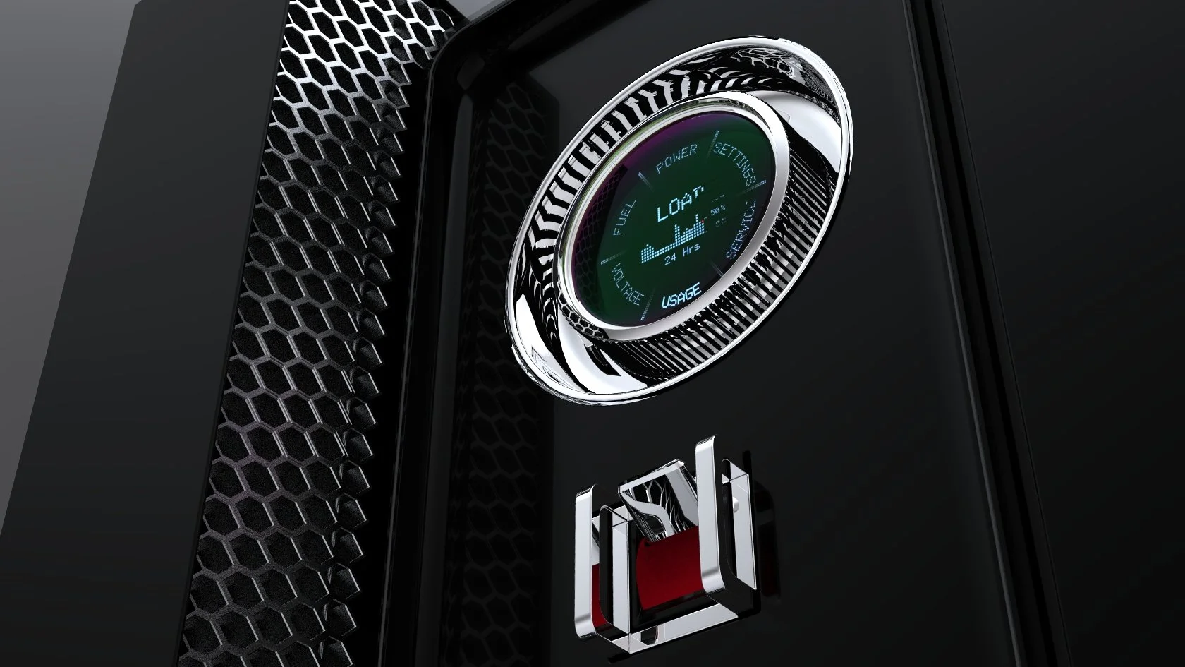 A close-up view of a black gaming computer tower with a digital display showing the load percentage, modes for fuel, power, settings, voltage, usage, and serial number, along with a red and silver lock mechanism.