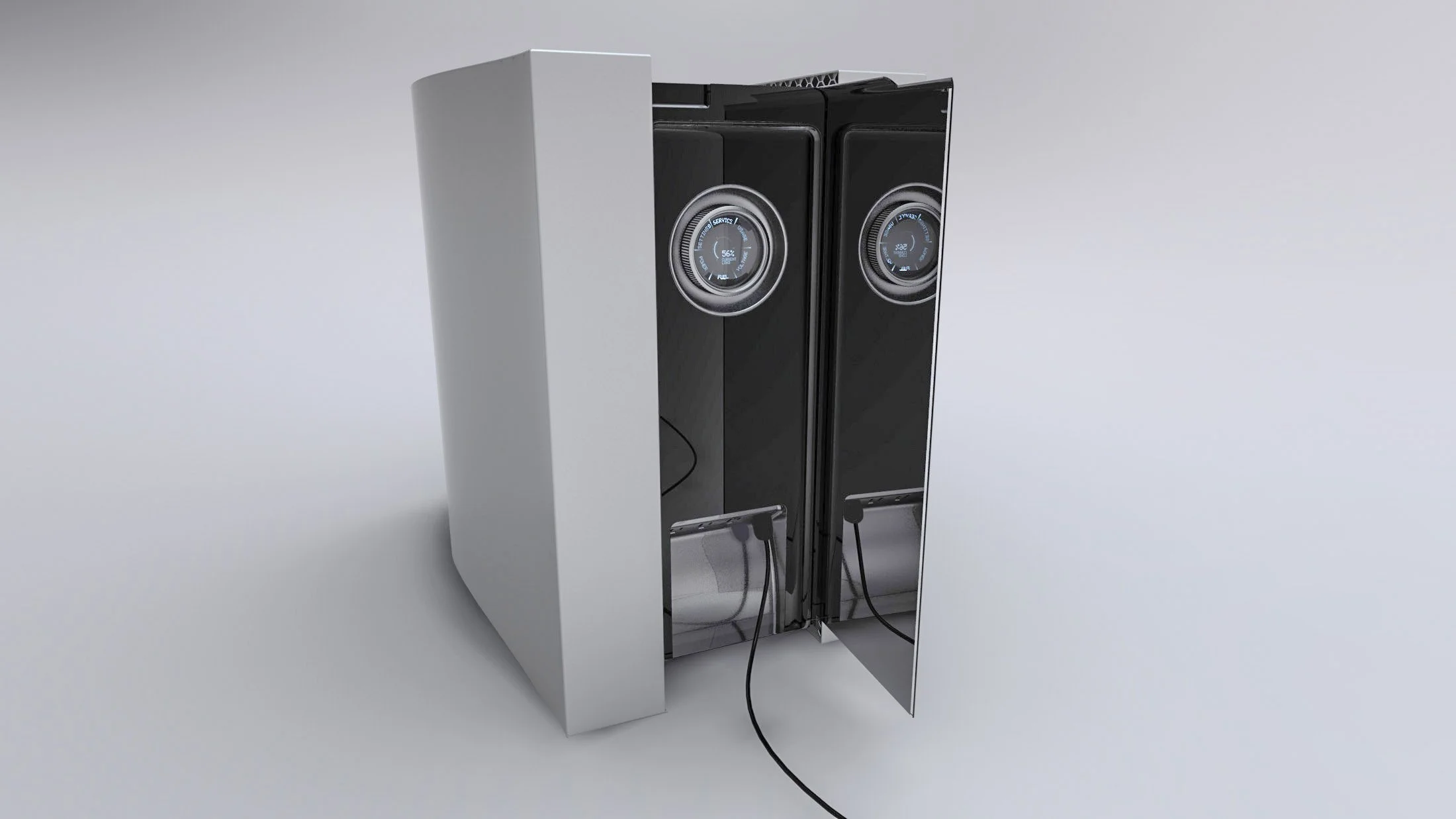 A partially open modern refrigerator with a metallic finish, digital control panel, and empty interior shelves.