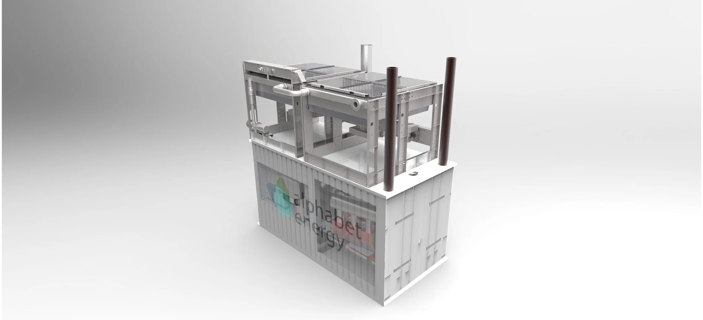 A small model of a modular energy generation unit with the logo 'alphabet energy' on a container at the base, featuring metallic structures and pipes for energy processing.