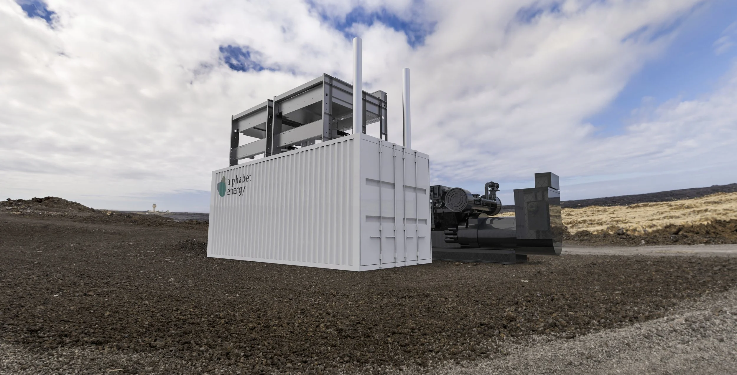 A portable energy unit on a dirt landscape, labeled 'alphabet energy,' with a black pipeline connected to an underground pipe and an open-frame structure on top, under a partly cloudy sky.