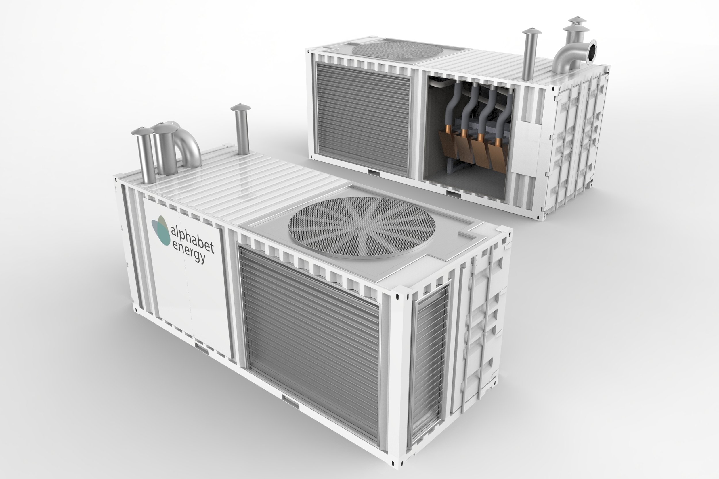 Two white energy storage units with exhaust vents, pipes, and cooling fans, one with an open side revealing internal components, branded with 'alphabet energy.'
