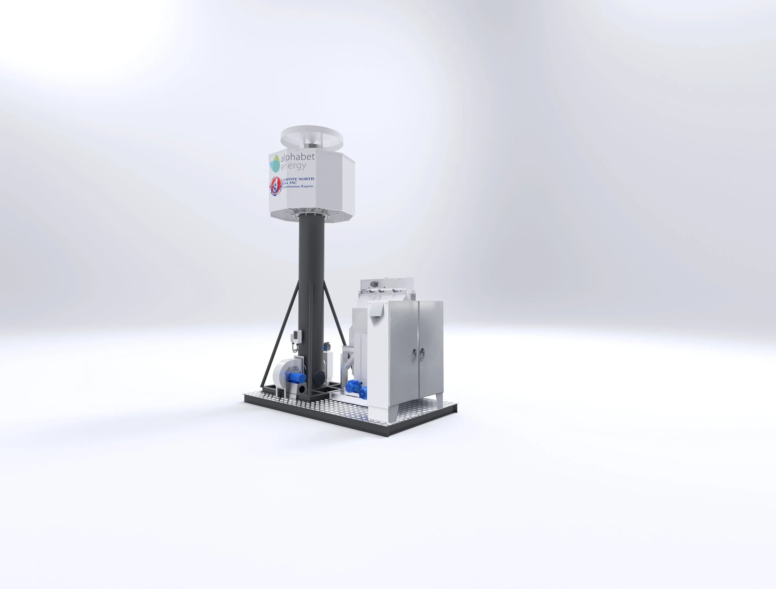 A piece of scientific equipment on a platform with a cloudy sky background, featuring labels for 'alphabet energy' and 'coyote north usa inc.'