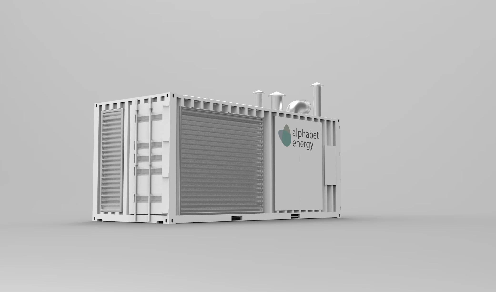 A white industrial energy generator with the logo 'alphabet energy' on the side, featuring vents, pipes, and a grey shutter door, set against a plain grey background.