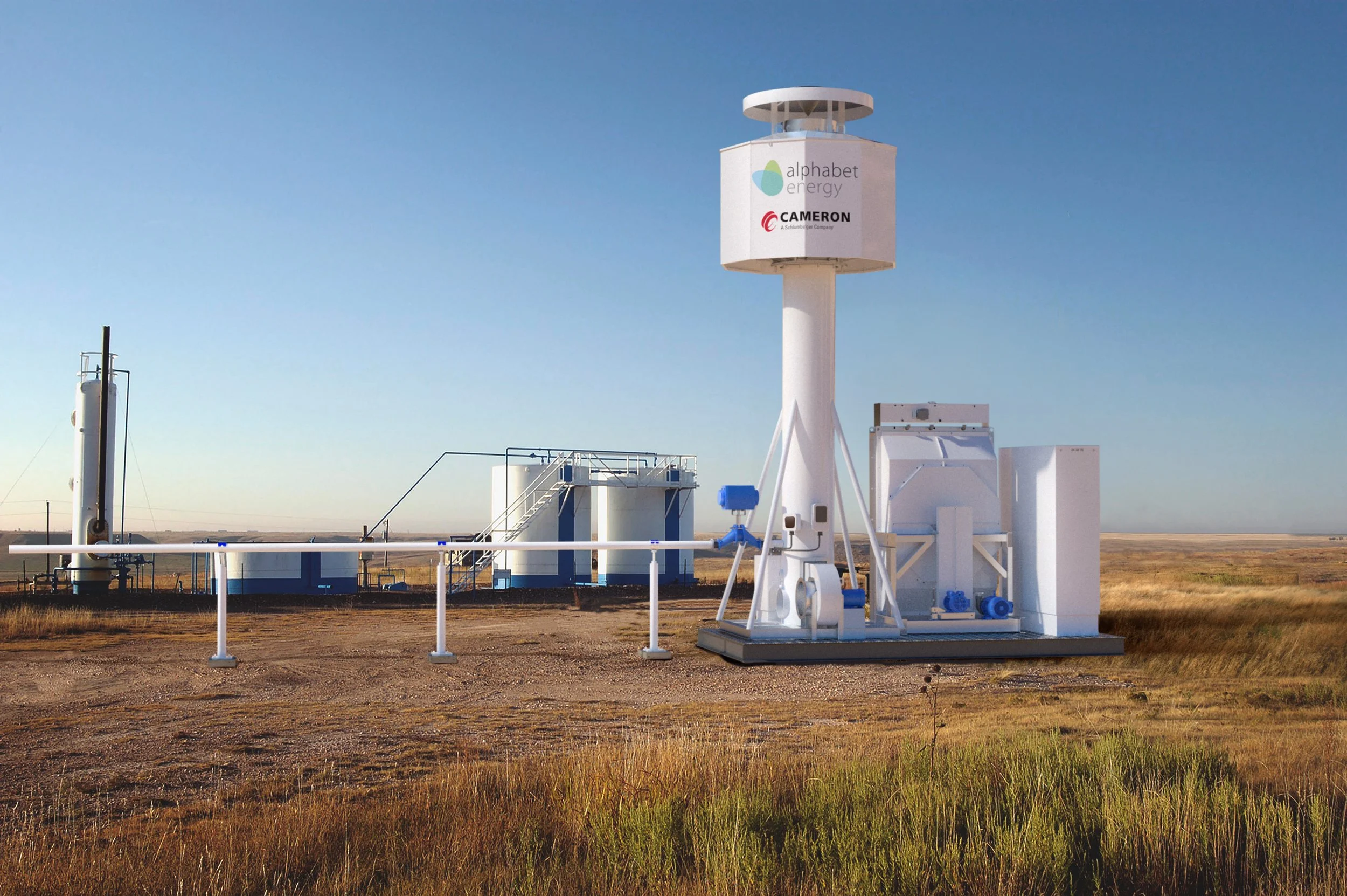 An energy production site featuring a tall white wind measurement tower with a cover on top, branded with 'alphabet energy' and 'CAMERON.' Surrounding the tower are various industrial equipment, pipes, and structures set in a flat, open landscape und