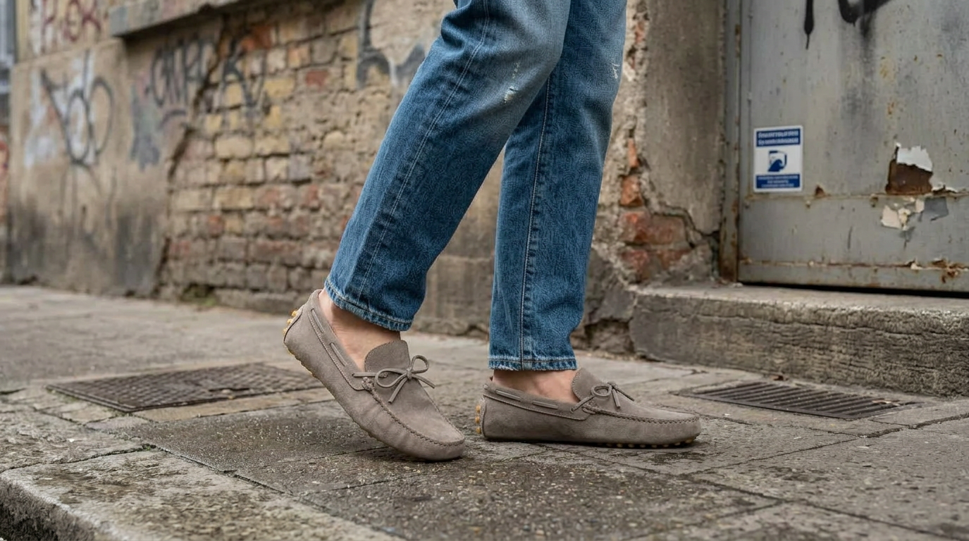 Place the shoes on a model wearing cool denim on an urban street with a wall in the background..png