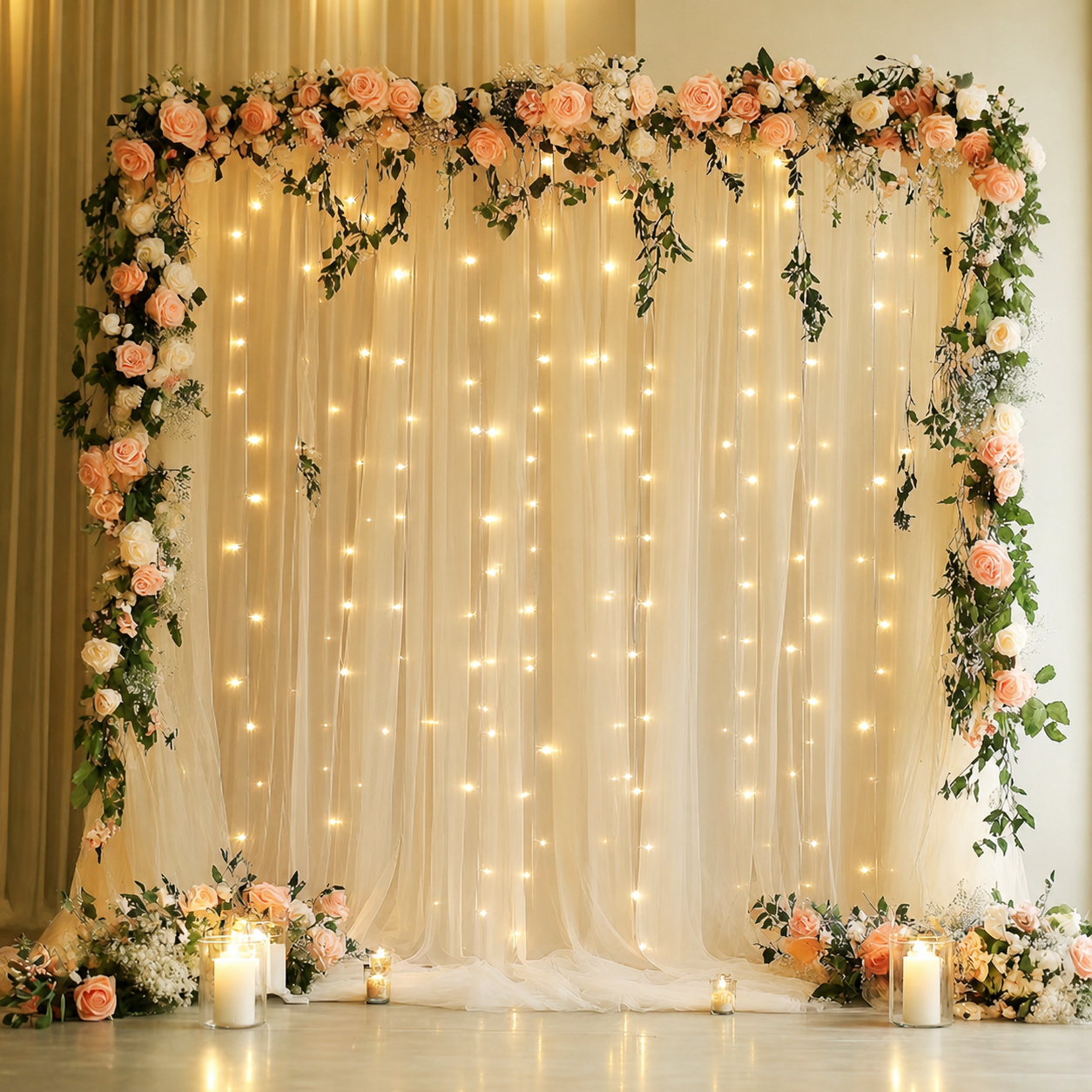 Elegant wedding or event backdrop with soft beige curtains, string lights, and floral arrangements of pink and white roses with greenery.