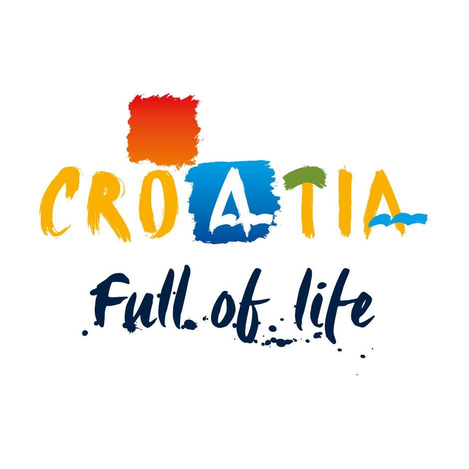 Colorful text reading "Croatia" with a red, orange, blue, green, and yellow background design, and the phrase "Full of life" written beneath in dark blue cursive.