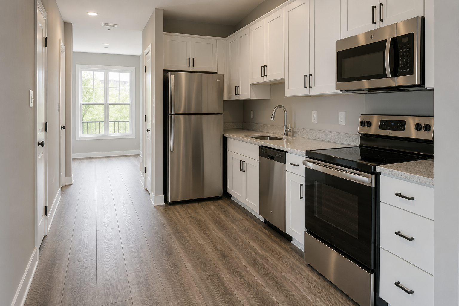 Commercial apartment interior with modern kitchen cabinets, stainless steel appliances, and vinyl plank flooring.