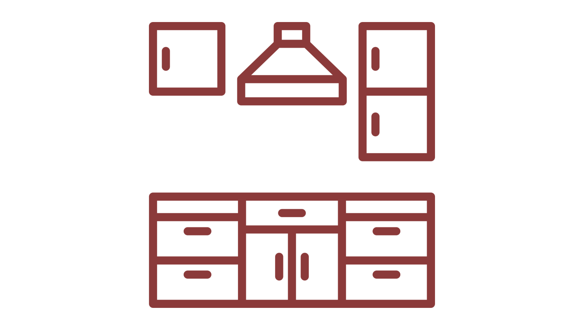 Line drawing of a kitchen cabinet and refrigerator with upper cabinets and lower drawers.