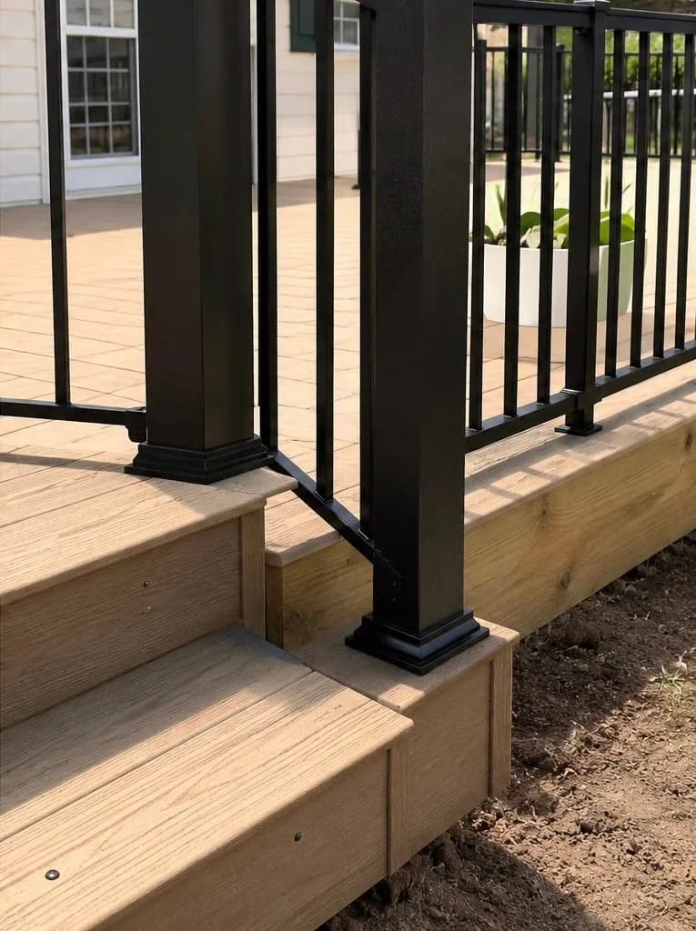 Warm-toned composite decking paired with dark railing to illustrate the contrast used in the deck design.