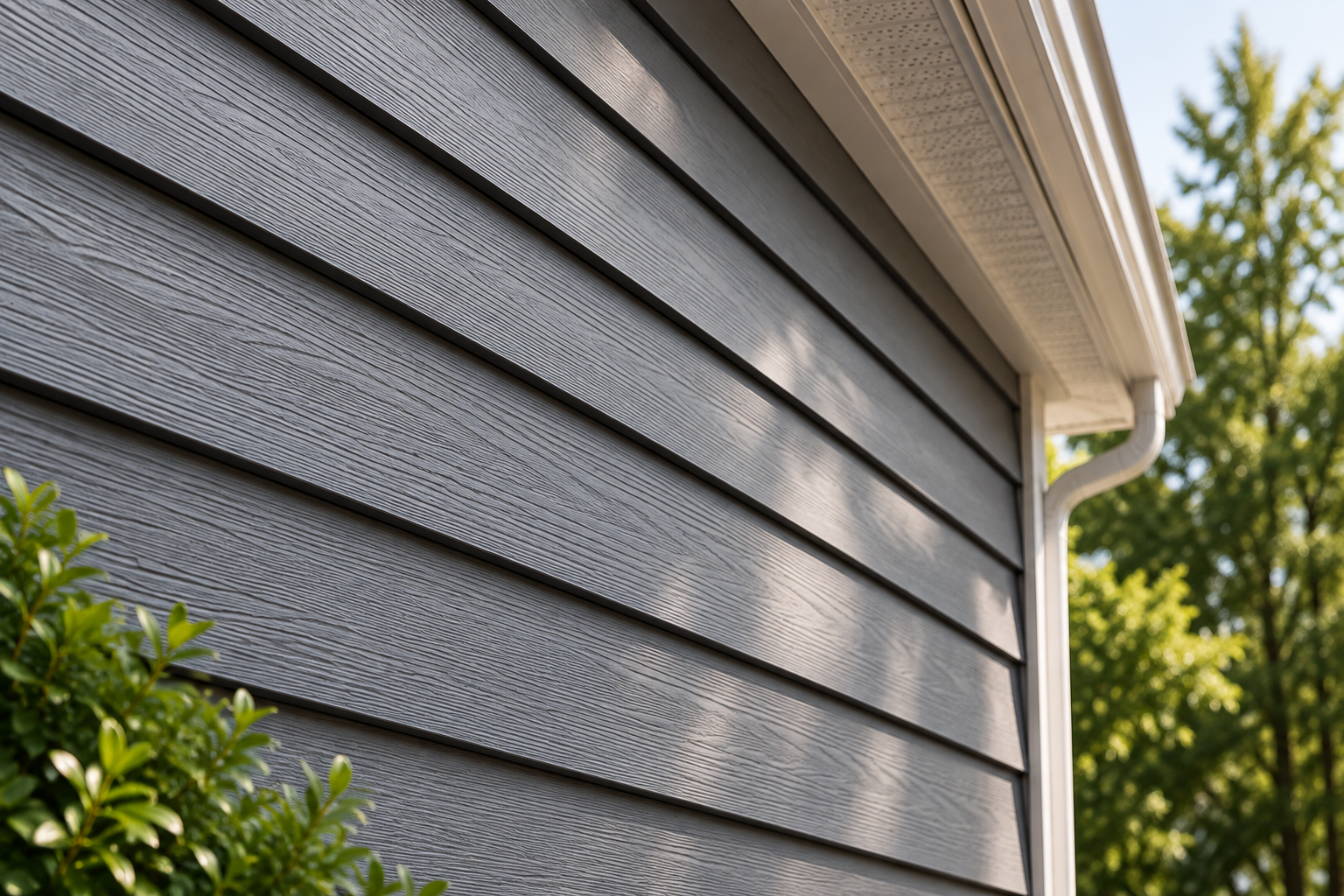Exterior siding illustration of blueish gray siding detail shot and trim on a home.