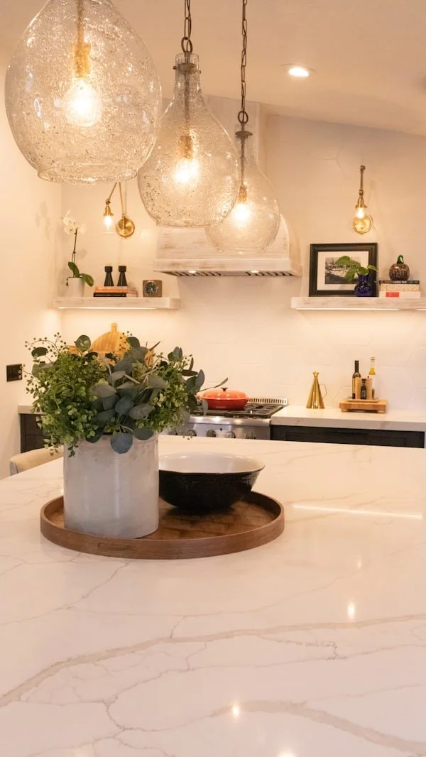 Gold or brass globe pendant lighting fixtures new kitchen remodel marble countertops in Willow Grove, PA