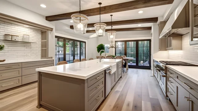 full modern kitchen finished remodel with huge island, marble countertops, neutral cabinets, and huge fixture pendant lighting over the island.