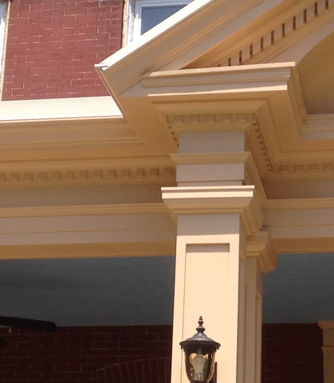 Close-up of restored porch column and layered trim details on a JWD Contractors project in Doylestown, PA.