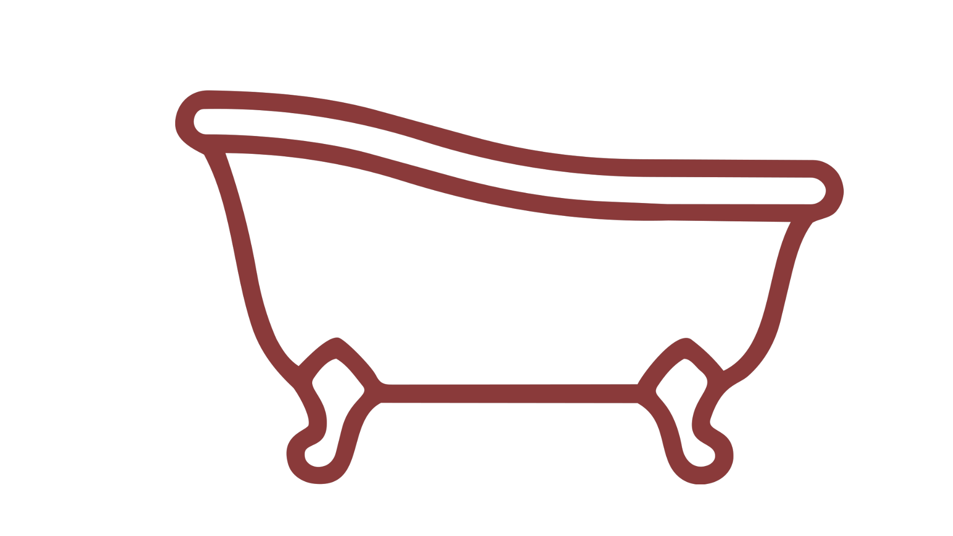 Line drawing of a clawfoot bathtub in dark red color.