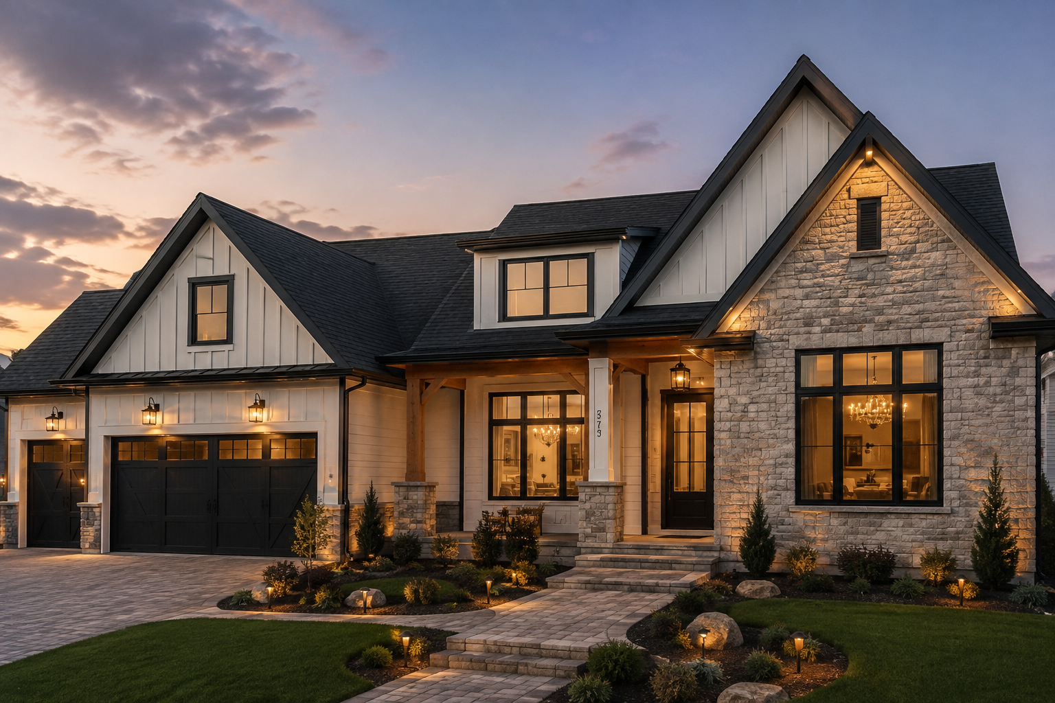 Modern home exterior with stone siding, board and batten accents, dark trim, and landscape lighting.