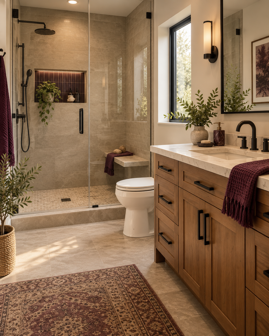Modern bathroom with a glass enclosed luxury spa-like walk-in shower in neutral colored tile walls and flooring with wooden vanity example photo.