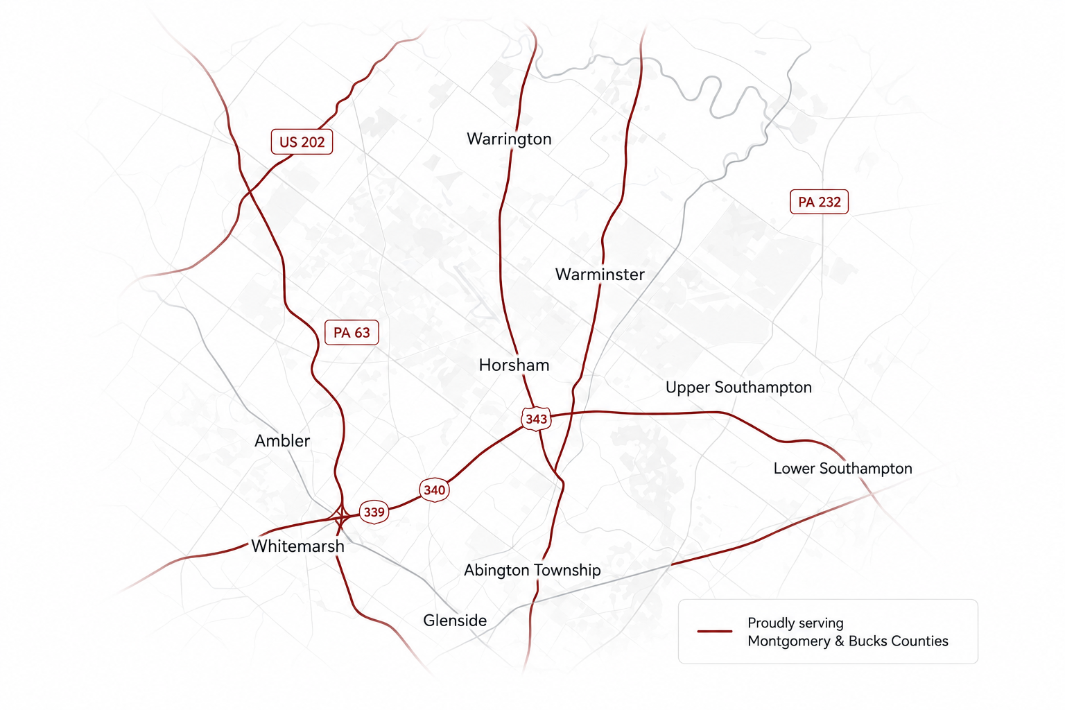 White & red Local map including highways of Willow Grove, PA at the center and about a 20mi radius