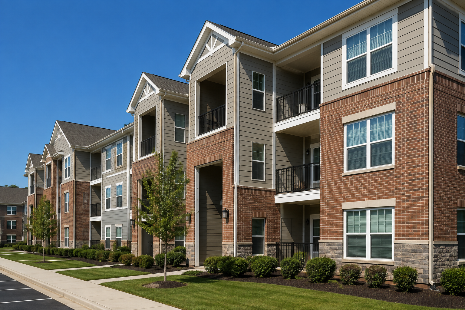 Exterior of a multi-unit commercial residential property with siding, windows, balconies, and landscaped grounds.
