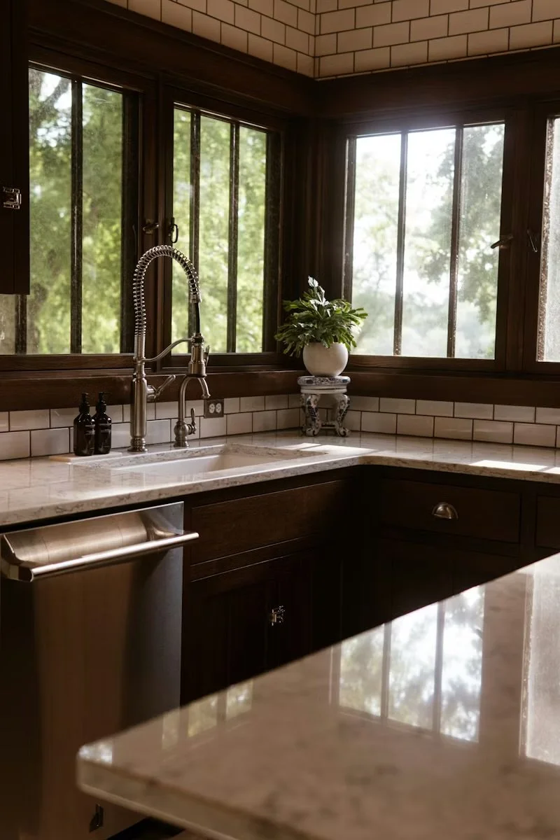 Kitchen with large corner windows, dark wood cabinets, white marble countertop, a plant in a white pot on a decorative stand, and a double-basin sink with a high-arched faucet.