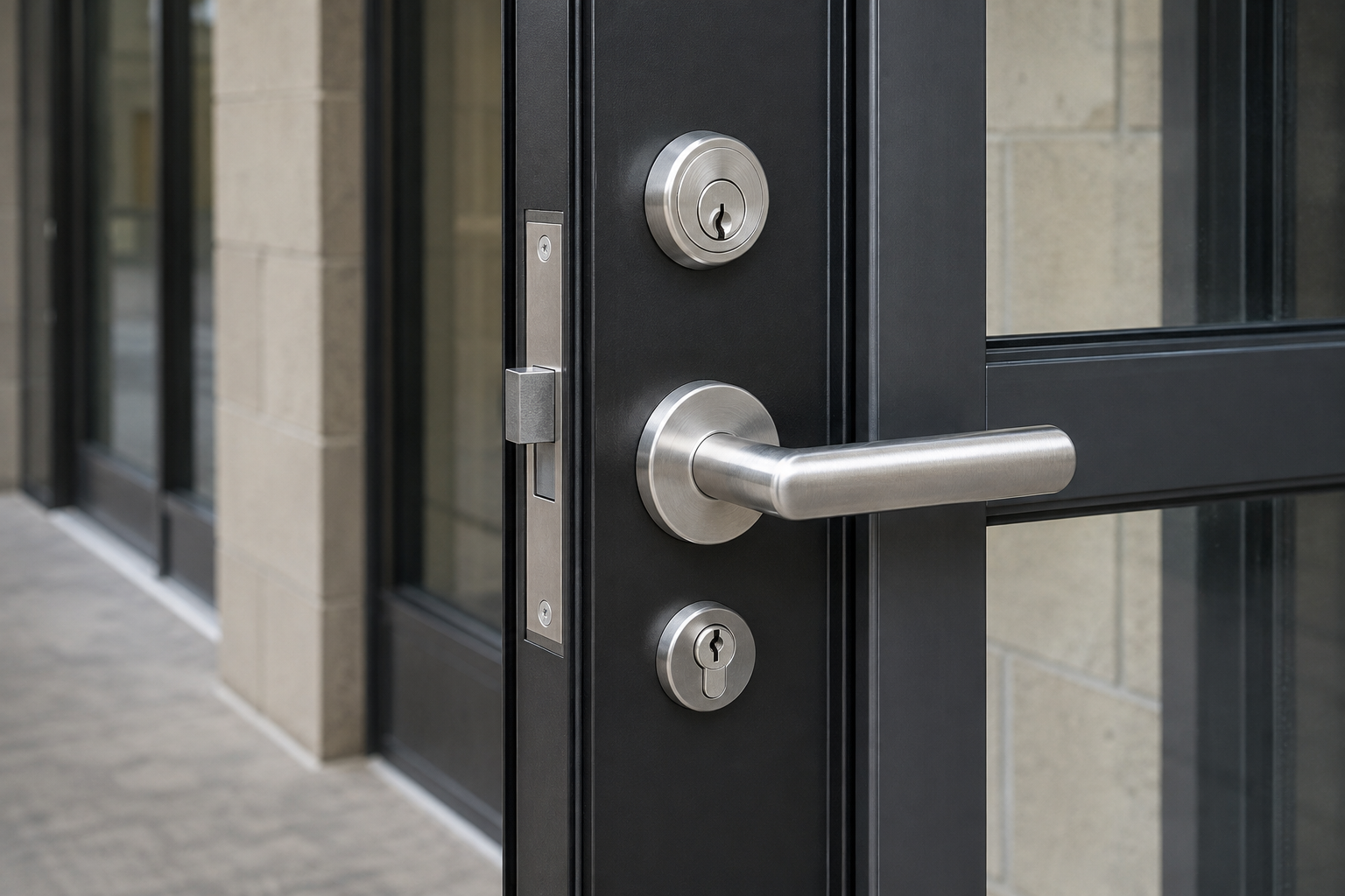 Commercial door hardware with lock and lever handle representing building repair and maintenance work.