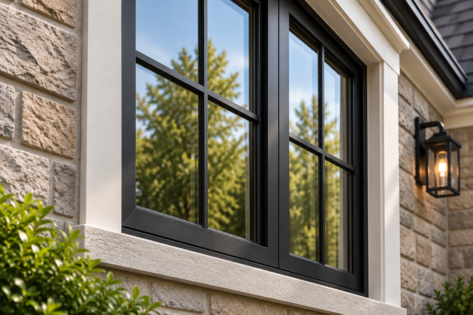 Exterior window illustration surrounded by a stone wall and a lighting fixture.