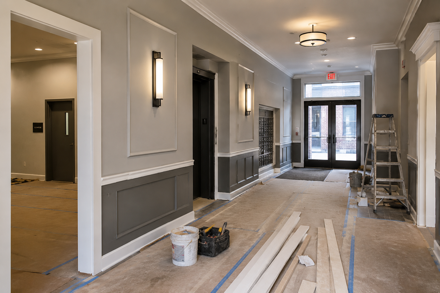 Commercial building hallway during renovation with trim work, tools, and protected flooring.