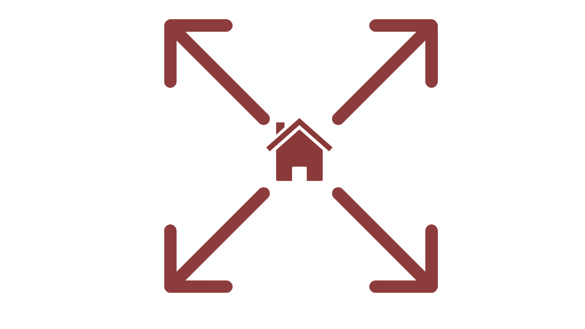 A diagram showing a house at the center with arrows pointing outward in four directions and inward from four directions, representing a concept of expanding or focusing on a central point this icon represents service on website.
