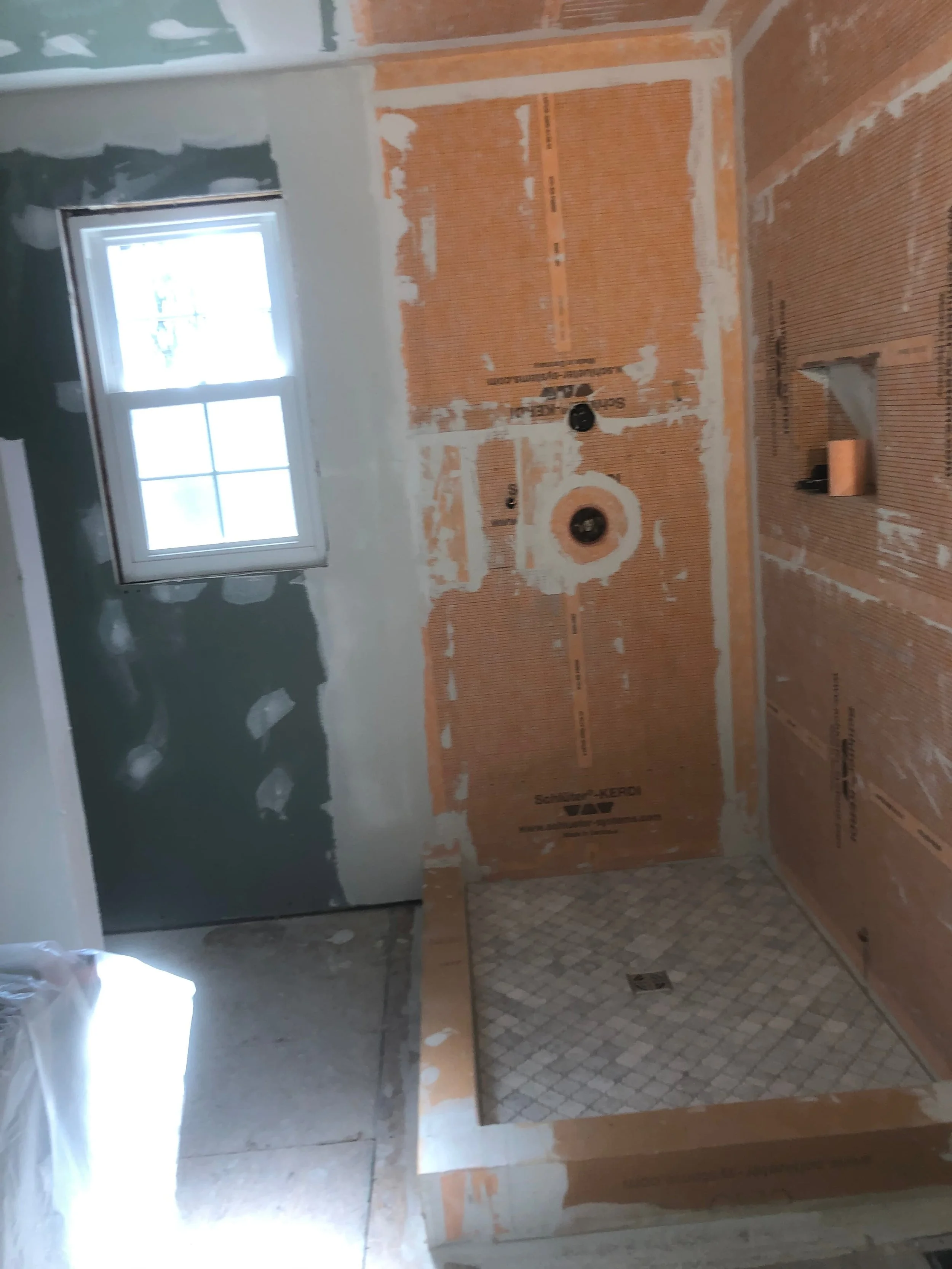 Walk-in shower orange waterproofing demolition progress photo full bathroom remodel Hatboro, PA