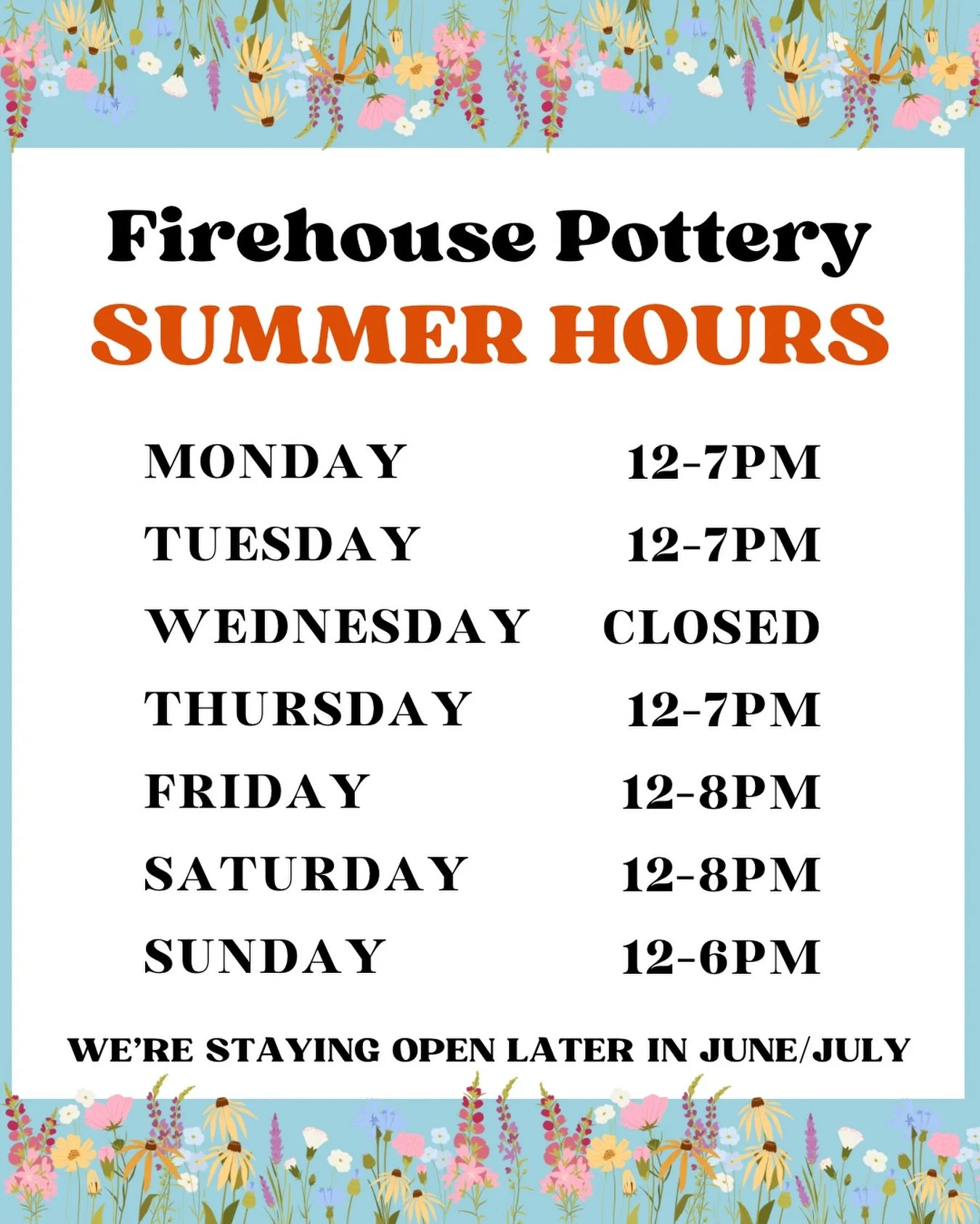 You all have been asking us to stay open later, and the time has finally come! During the summer, Firehouse Pottery is staying open later 🥳🎨☀️

On Monday, Tuesday, and Thursday we&rsquo;ll be open until 7pm, so you can come in after work and paint 