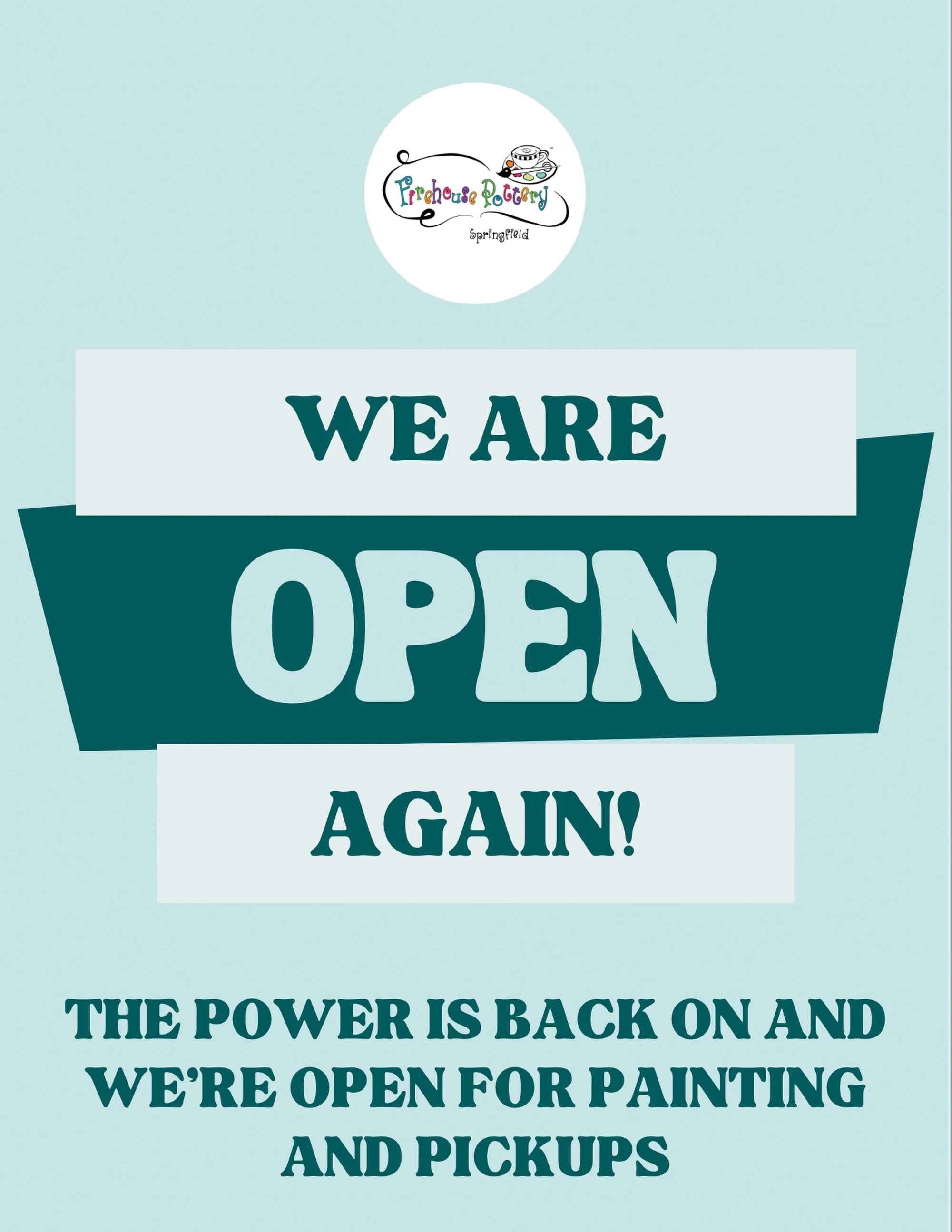 And we&rsquo;re back! Power is on and we&rsquo;re open for painting and pickups! Come escape the dreary weather and make some art 🎨