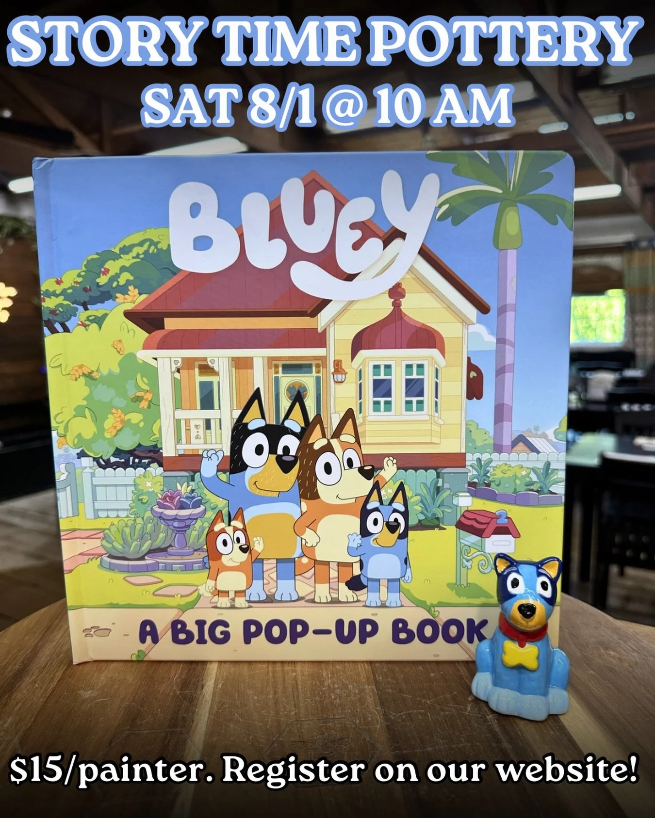Bluey is joining us for August&rsquo;s Story Time Pottery! 

We&rsquo;re so excited about this one, and we know you all are too 💙🎨

Join us Saturday, August 1st from 10-11am. Each painter can paint their own Bluey and we&rsquo;ll be reading our Big