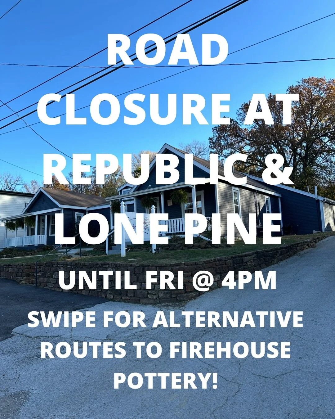 They&rsquo;re working on pulling up parts of the old railroad line at the intersection of Republic and Lone Pine, until tomorrow afternoon. But we&rsquo;re still open and ready for you to come paint some pottery 🎨 

Here are a couple of alternative 