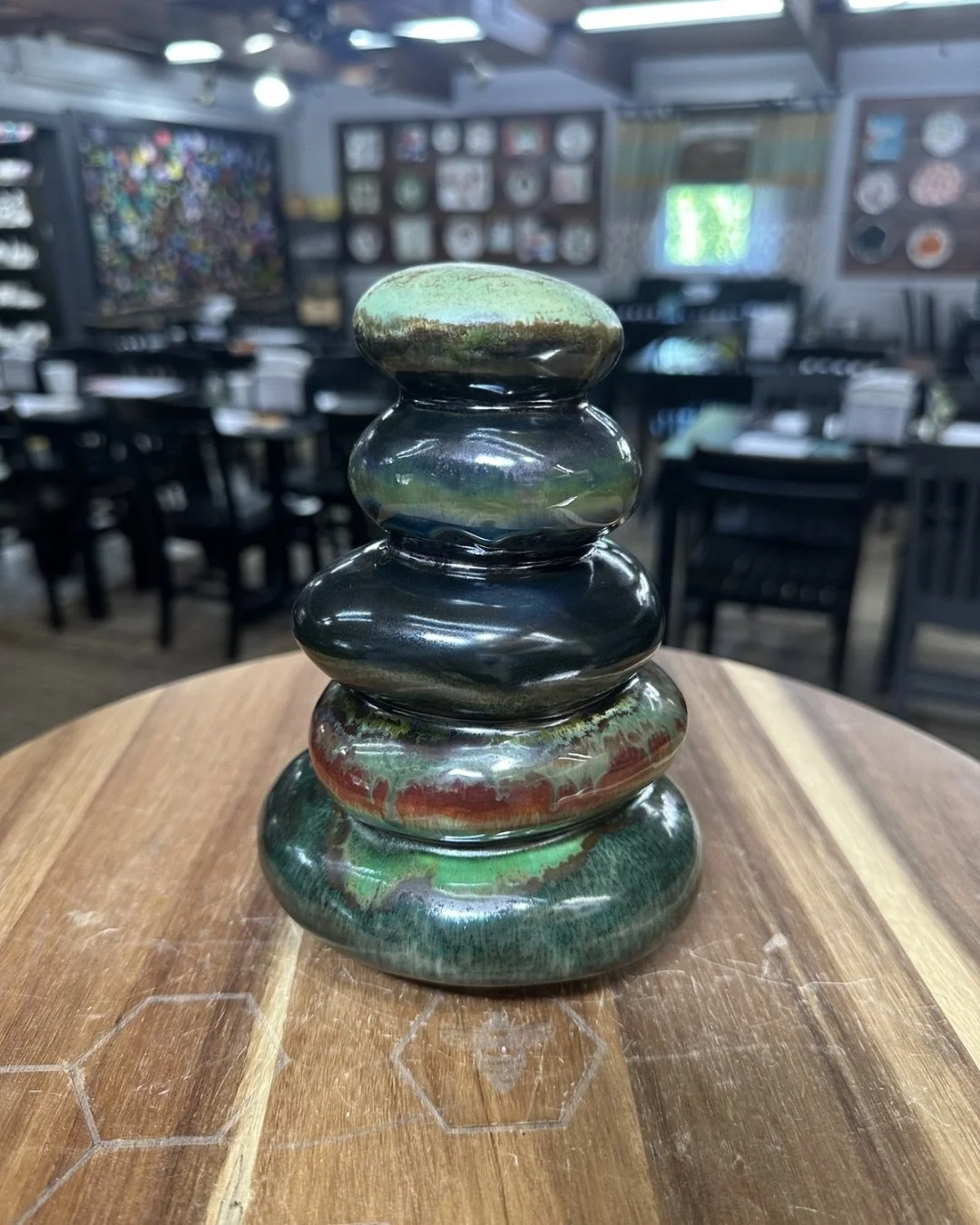 Some of the amazing pieces painted with our new specialty glazes! 

These glazes work a bit differently from our regular glazes. They move around a bit more, and tend to play off the other colors on the piece. They look orange/black until they&rsquo;