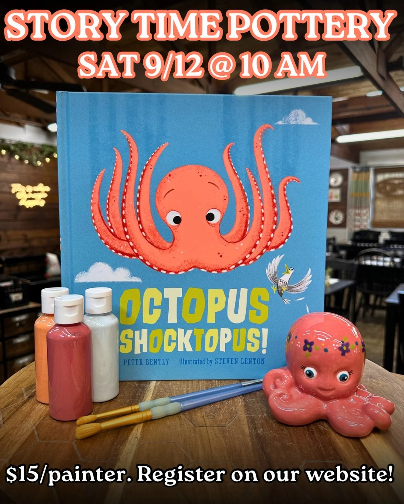 September&rsquo;s Story Time Pottery is SHOCKING 🐙🎨

We&rsquo;re painting this super cute octopus and reading Octopus Shocktopus! 

Story Time Pottery is open to kids of all ages! $15/painter covers everything! From 10-11am on 9/12 we&rsquo;ll read