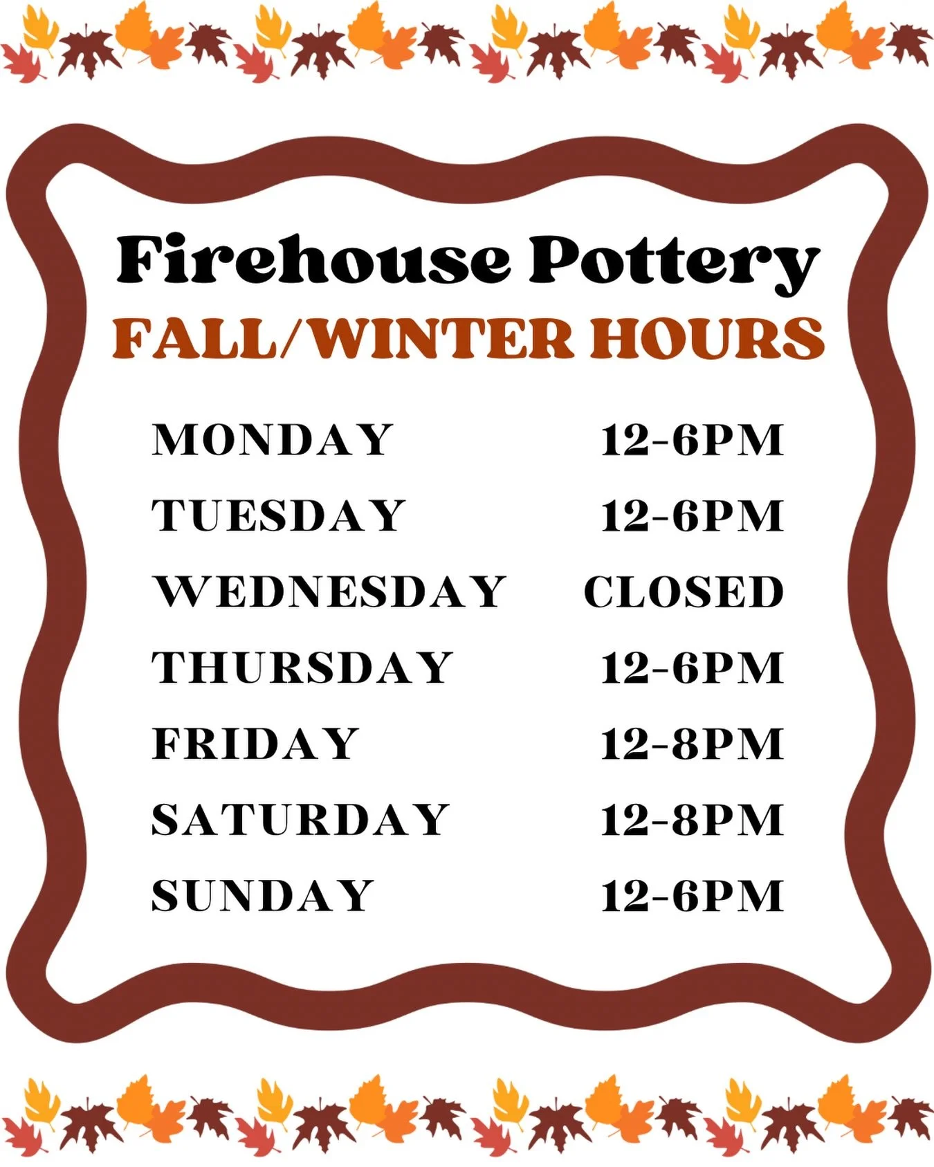 We&rsquo;re switching back to our regular hours for the school year (but don&rsquo;t worry, we&rsquo;ll extend hours during school breaks so you have even more time to paint pottery for the holidays)! 

We WILL be open normal hours Labor Day and Labo