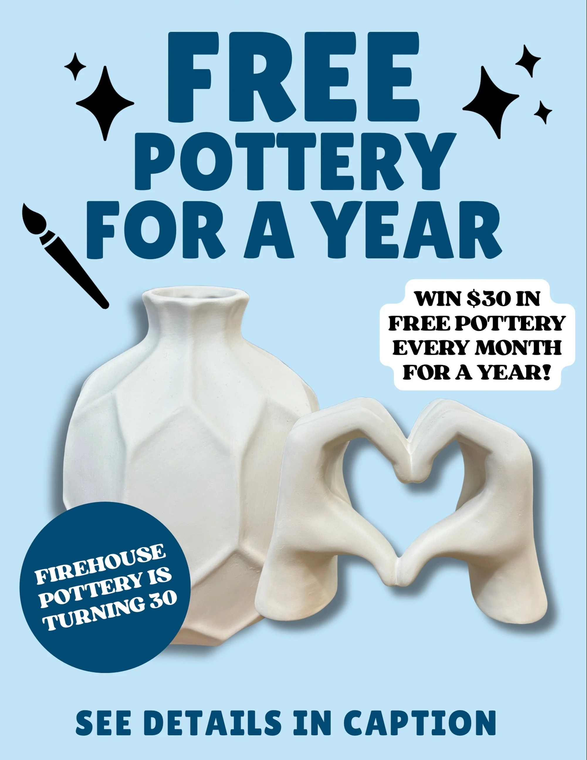 We&rsquo;re celebrating our 30th birthday! And to kick the party off, we&rsquo;re giving away FREE POTTERY FOR A YEAR!! 🥳🎨

There are two ways to enter to win ⬇️

#1 Paint in the Studio! For every piece you paint in September, you&rsquo;ll get one 