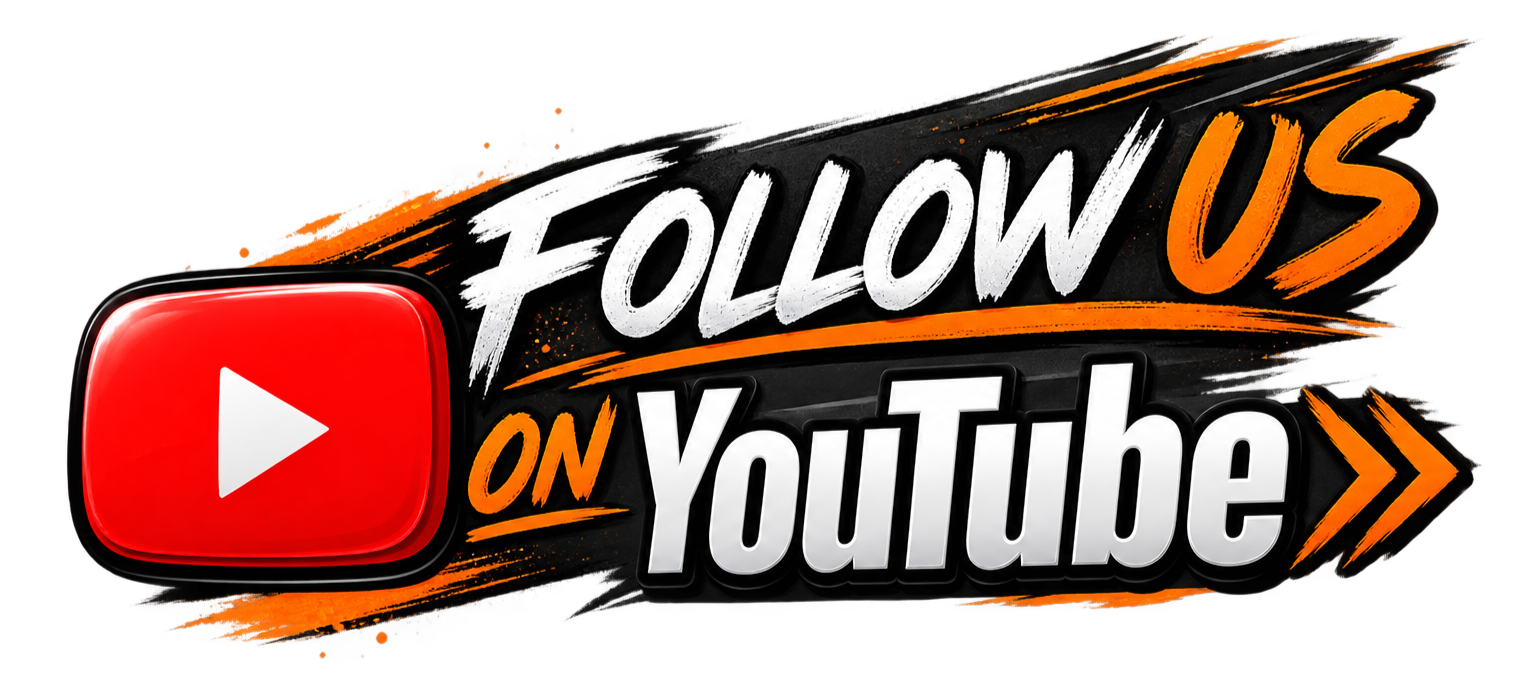 Graphic with YouTube logo and text reading 'Follow Us on YouTube' in bold, stylized font with orange and white accents.