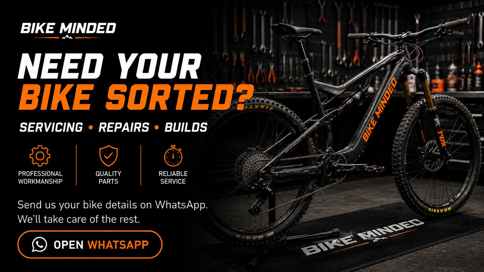 An advertisement for Bike Minded bike servicing, repairs, and builds features a black mountain bike on a workshop mat, with tools hanging on the wall in the background. The ad text highlights professional workmanship, quality parts, and reliable service, and invites customers to send bike details via WhatsApp.