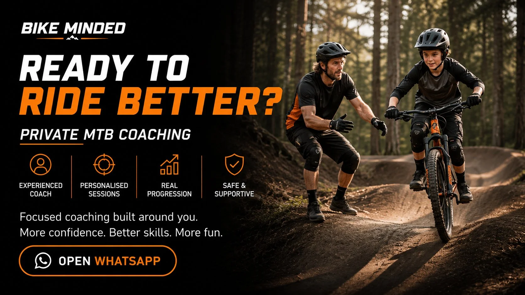 Advertisement for bike coaching featuring a man coaching a young boy on a mountain bike trail through a forest. The text highlights private coaching sessions, experienced coach, personalized sessions, real progression, and safety. Call to action includes opening WhatsApp contact.