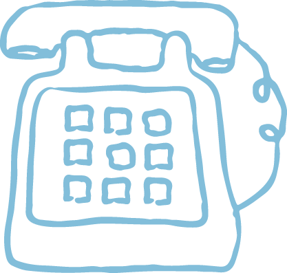 Line drawing of a vintage rotary telephone in light blue with a keypad and rotary dial.