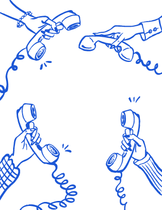 Illustration of four hands holding vintage corded phones in a circular arrangement.