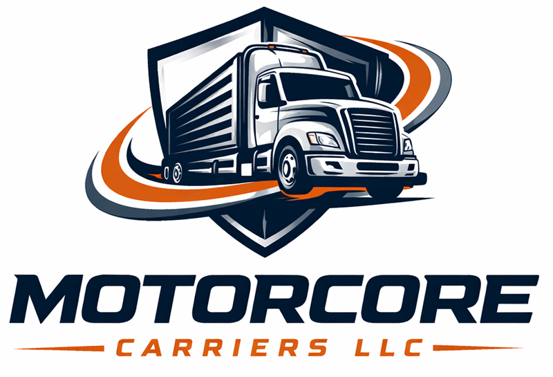 Logo of Motorcore Carriers LLC featuring a large boxtruck with a shield background and stylized swooshes in navy blue, gray, and orange.