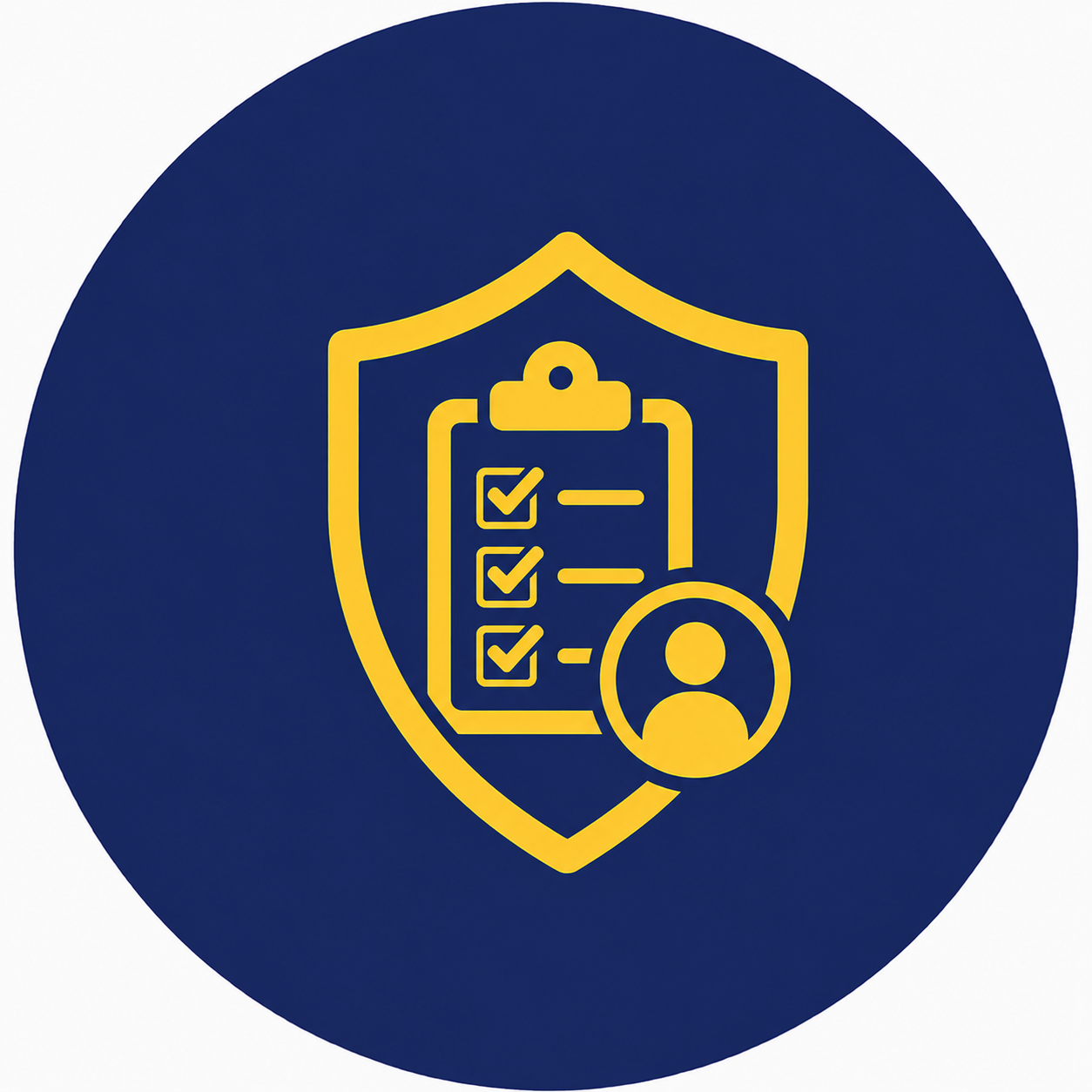 Icon of a shield with a checklist and a person symbol, representing security or verification.