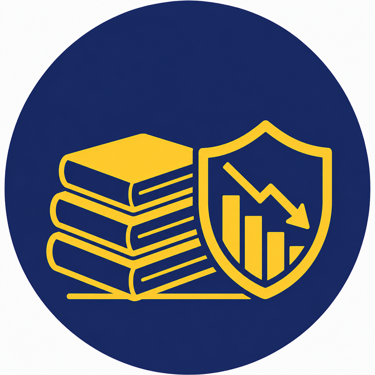 An icon featuring a stack of books next to a shield with a declining bar graph and arrow, indicating protection against financial or data loss.