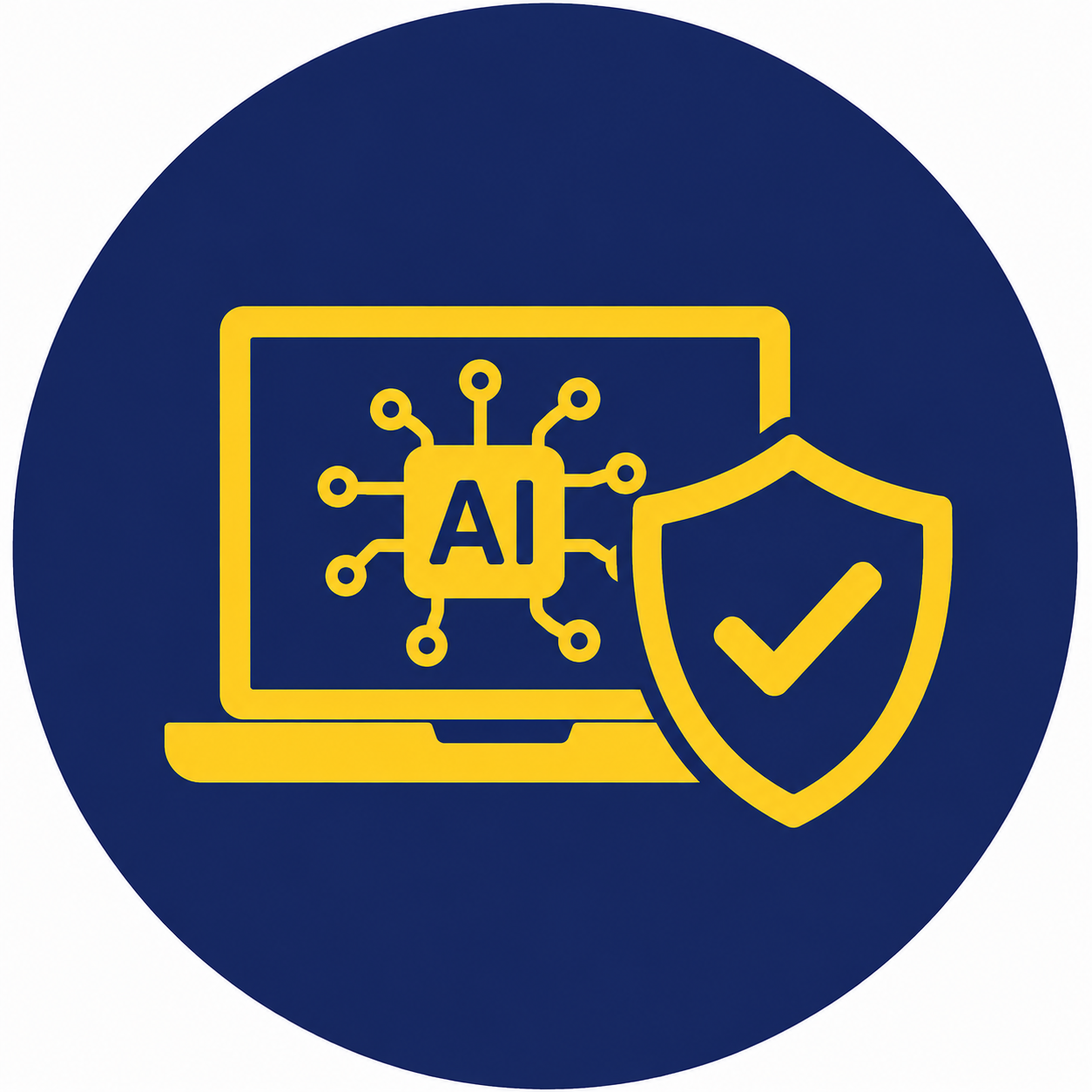 Computer monitor with AI chip icon and a shield with a checkmark, symbolizing AI security and protection.