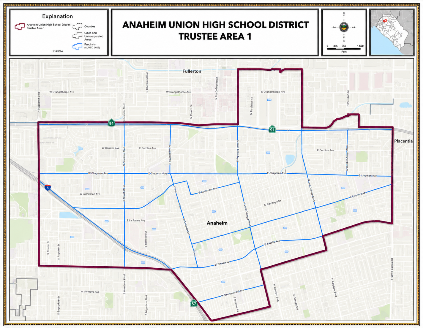 Map showing the boundaries of Anaheim Union High School District Trustee Area 1, with boundaries outlined in maroon. Streets and highways including I-5 and 91 are marked. The map includes references to city areas and a small inset map indicating district location within California.