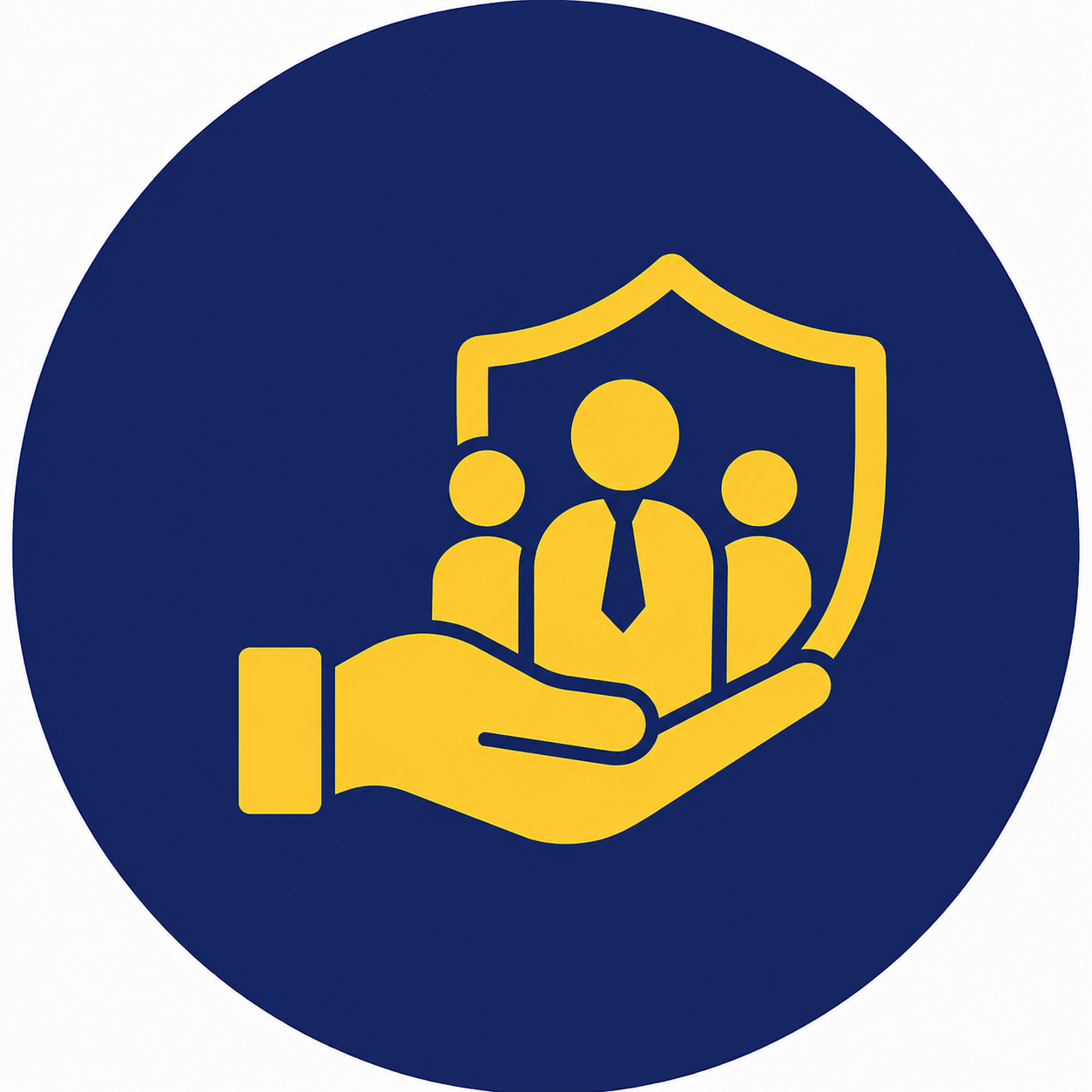 A graphic of a hand holding a shield with three businesspeople inside.