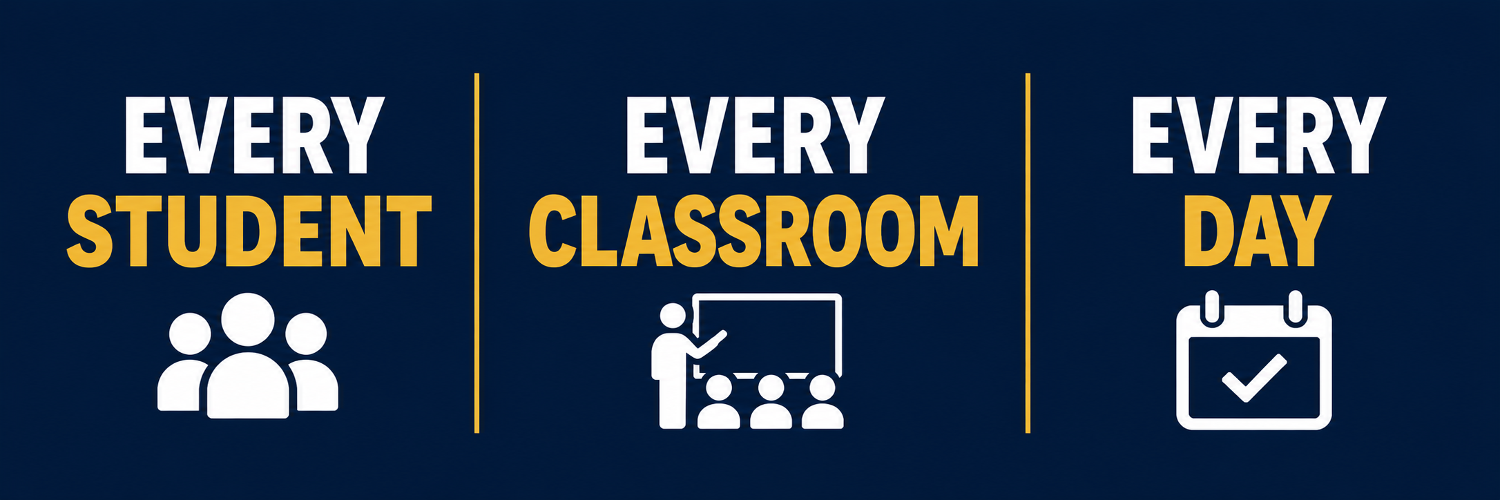 Text reads "Every Student, Every Classroom, Every Day" with icons of a group of students, a teacher at a blackboard, and a calendar with a checkmark.